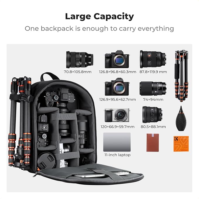 K&F CONCEPT Camera Backpack, Lightweight Camera Bag with Tripod Holder | Professional Bag for DSLR/SLR Mirrorless, with 14in Laptop Compartment & Rain Cover