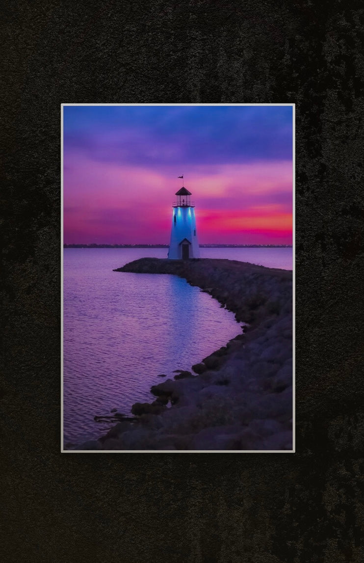 Oklahoma Lighthouse Print, Pink Sky Landscape Photography, Lighthouse Wall Art